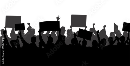 Protesters, enraged crowd of people silhouette. Silhouettes of crowd of people with raised up hands and flags. Iconic protester raised fist isolated