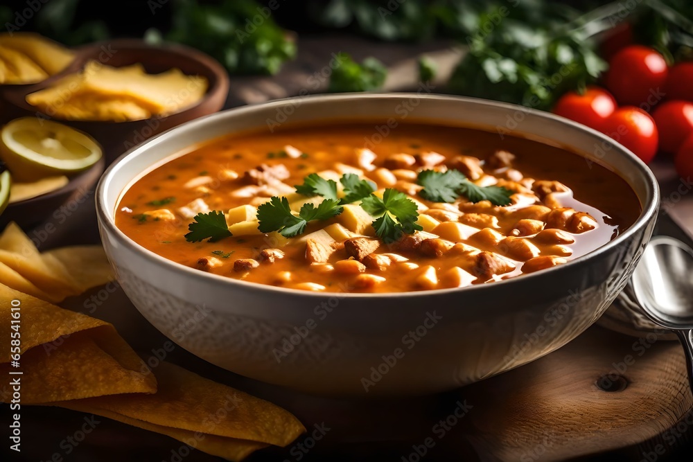 Take a close-up photo of Chicken Enchilada Soup with a pretty blurry background.. AI Generated Take a close-up photo of Chicken Enchilada Soup with a pretty blurry background.. AI Generated
