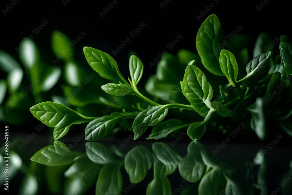 Fototapeta premium ﻿A close-up picture of arugula on a dark background in a studio.. AI Generated
