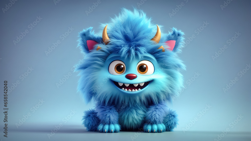 Adorable 3D Cartoon Character - Cute Blue Furry Monster