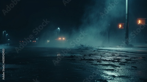 a searchlight, smoke, neon lights reflected in wet asphalt. Dark, desolate roadway with smoke and pollution, with abstract light. gloomy street scene with no one around