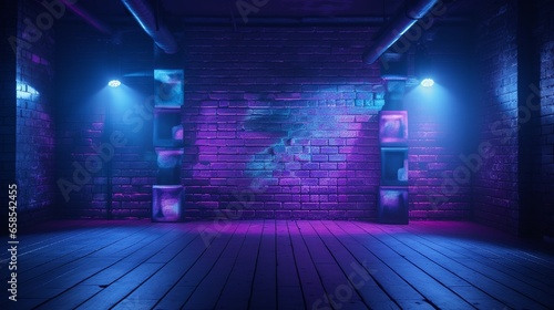 A studio space with a brick wall texture pattern, a blue and purple background, neon lights, laser beams, and a shadowy