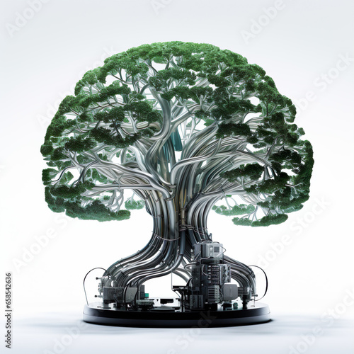AI artificial intelligence robotic tree isolated on white background. Concept generated AI image illustration. Symbol of future nature robot plants