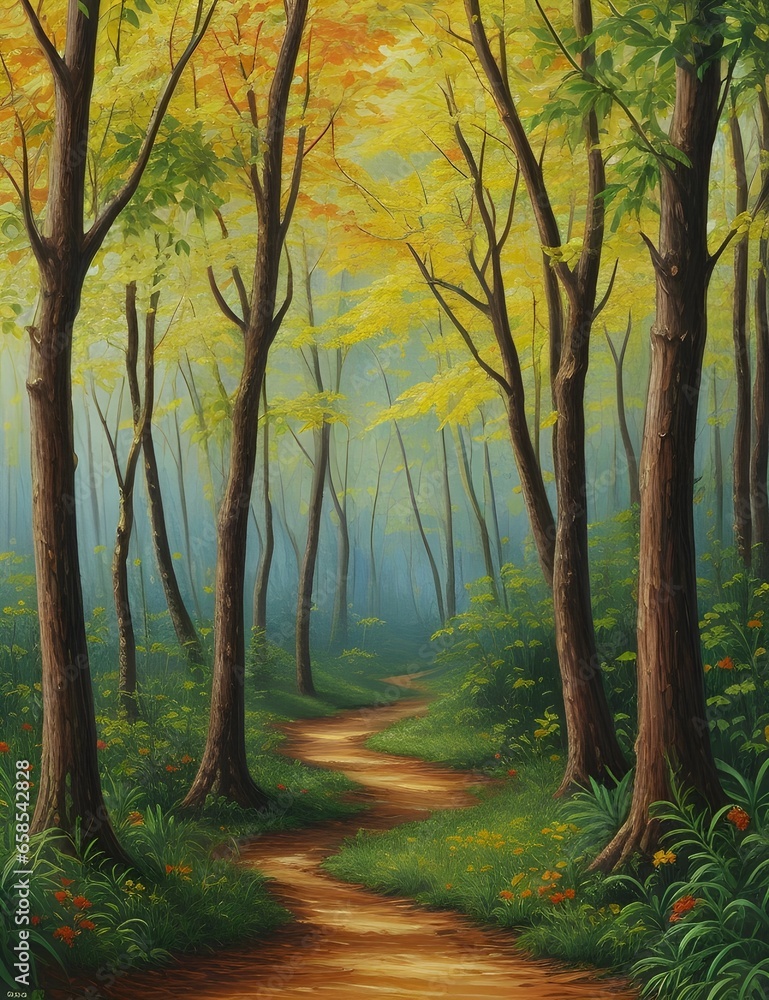Obraz premium Morning in the forest. Oil painting. Generative AI.
