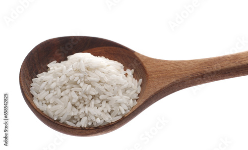 White long rice in wooden spoon isolated on white, side view 