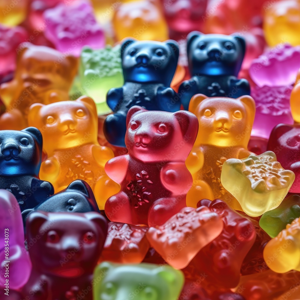 Sweet tasty gummy bears in a pile. Close up view. Generative AI.