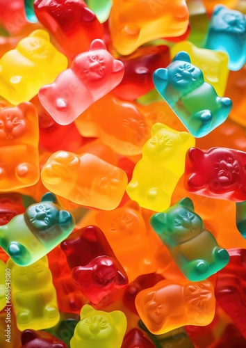 Sweet tasty gummy bears in a pile. Close up view. Generative AI.