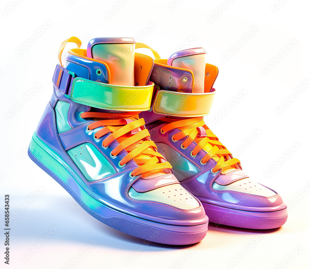Colorful fancy futuristic sneakers athletic shoes footwear. Generated AI illustration image. Future fashion concept - obrazy, fototapety, plakaty 
