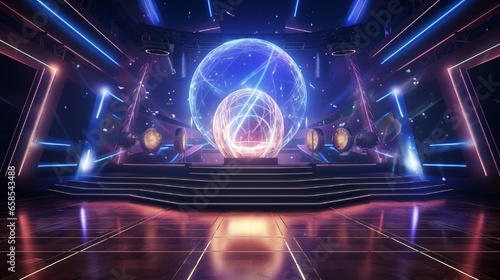 stage for music. dancing area. Lighting and an amplifier are used to launch the disco ball show