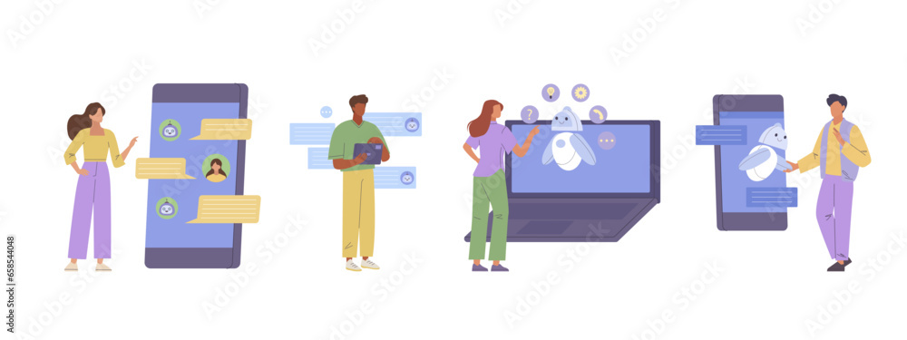 chatbot concept. cartoon characters abstract using chatbot service, artificial intelligence support. vector cartoon illustration. chatbot concept. cartoon characters abstract using chatbot service, artificial intelligence support. vector cartoon illustration.