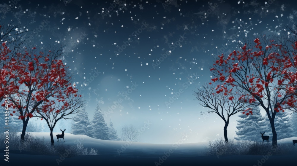 Illustration of a winter wonderland with snow-covered trees created with Generative AI technology