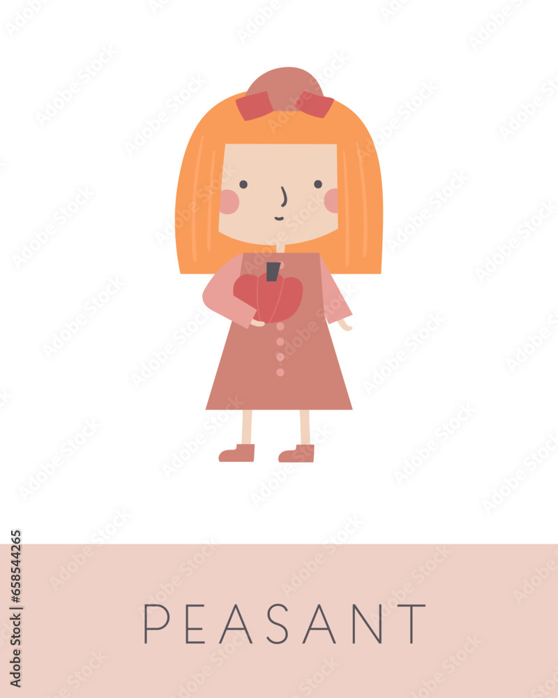 Fairy tale flashcard. Learning English words for kids. Cute hand drawn doodle educational card with peasant girl. Preschool learning material Fairy tale flashcard. Learning English words for kids. Cute hand drawn doodle educational card with peasant girl. Preschool learning material