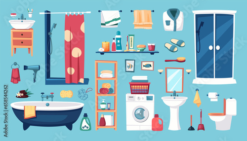 bathroom items set. toothbrush, sink, bath accessories and furniture set, mirror shelf bath shampoo persil towels shower. vector cartoon items set of isolated objects. © alex_cardo