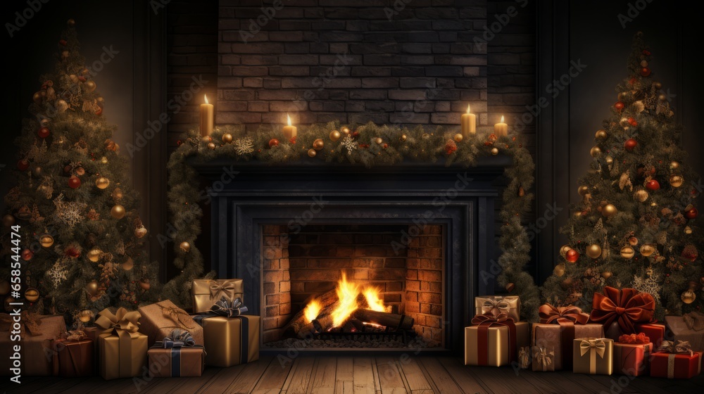 Backdrop of a festive Christmas tree, fireplace adorned with beautifully wrapped Christmas gifts and glowing candles