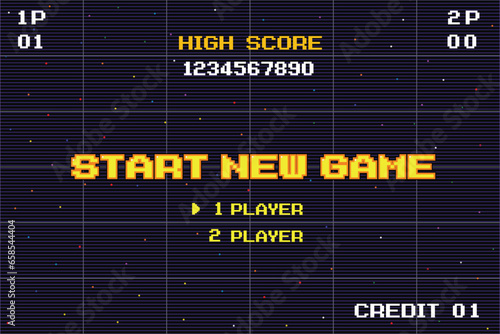 START NEW GAME play .pixel art .8 bit game. retro game. for game assets in vector illustrations.