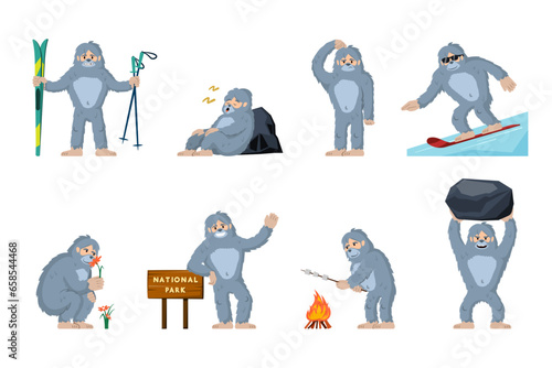 prehistoric yeti bigfoots. neanderthal bigfoot evolution, cartoon biology ancient homo sapiens monkey evolution characters. vector cartoon flat characters.