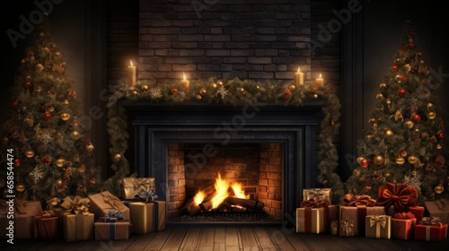 Backdrop of a festive Christmas tree, fireplace adorned with beautifully wrapped Christmas gifts and glowing candles
