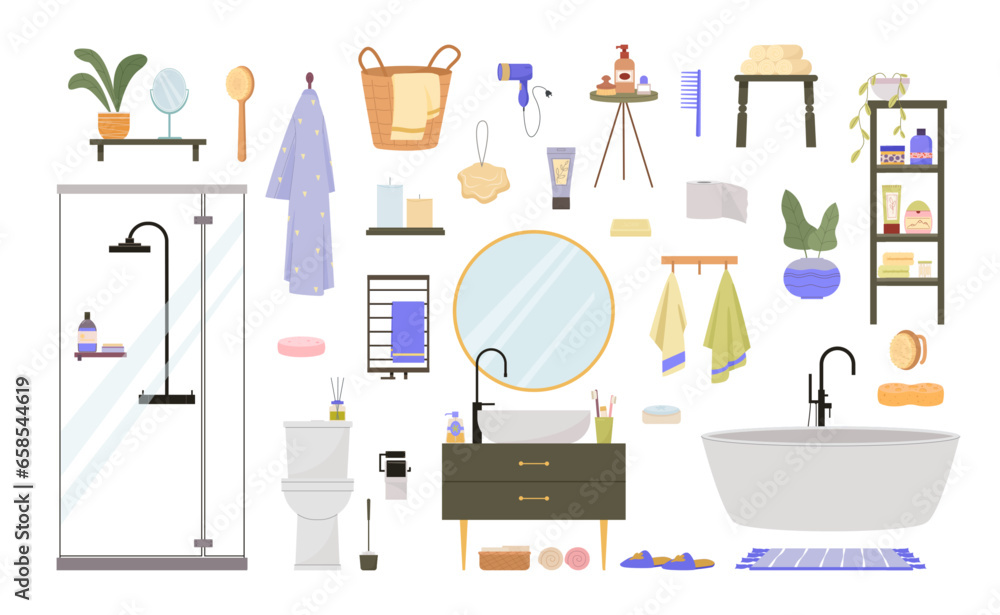 bathroom items set. shampoo towels shower, mirror shelf bath, bath accessories and furniture set, toothbrush, sink. vector cartoon items set of isolated objects.