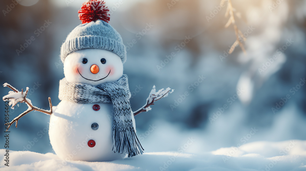 Cute snowman in a cap and scarf in winter snow scene background, celebration concept - obrazy, fototapety, plakaty 