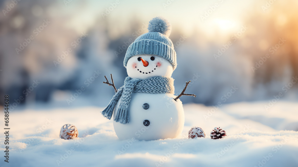 Cute snowman in a cap and scarf in winter snow scene background, celebration concept - obrazy, fototapety, plakaty 