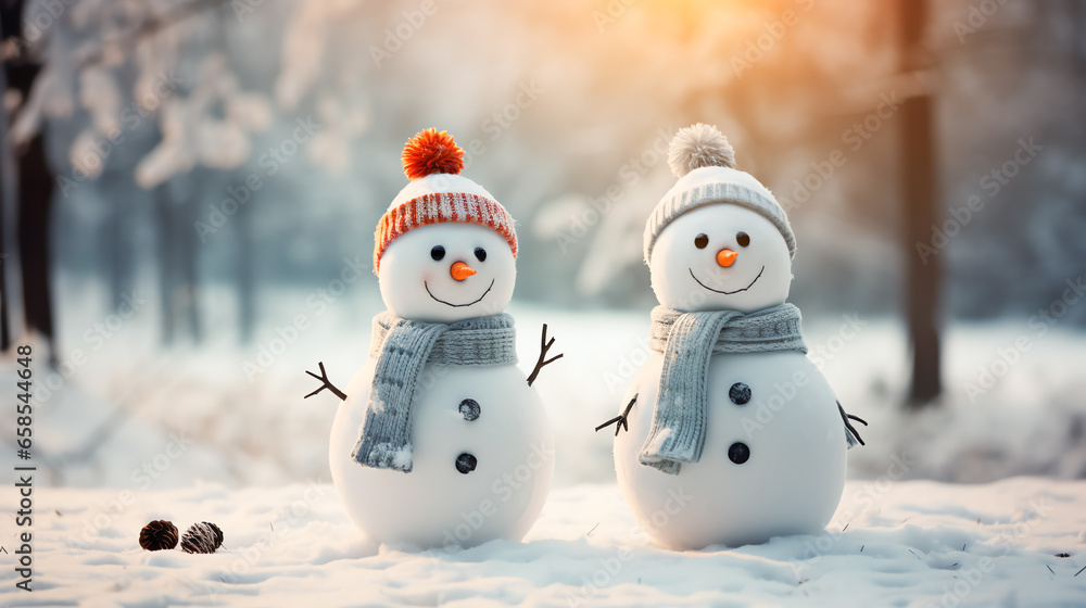 Two cute snowmen in a cap and scarf in winter snow scene background, celebration concept