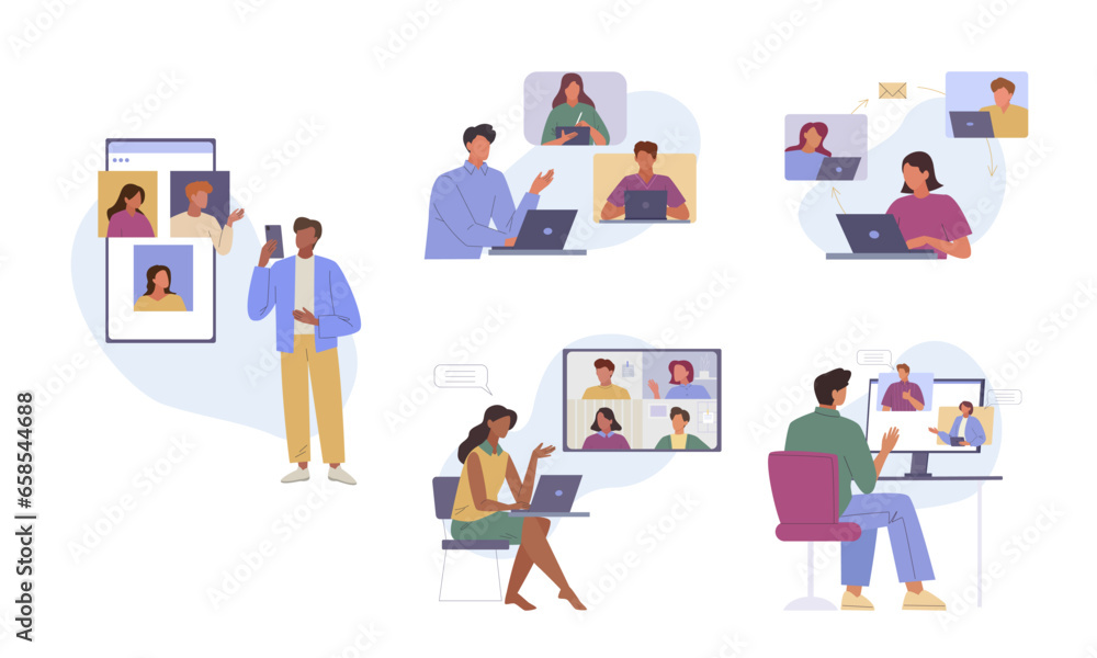 remote working. people working together online conference, cartoon characters landing freelance online meeting outsourcing distance job. vector cartoon concept collection.