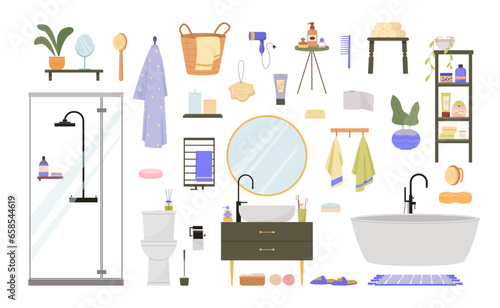 bathroom items set. shampoo towels shower, mirror shelf bath, bath accessories and furniture set, toothbrush, sink. vector cartoon items set of isolated objects. © alex_cardo