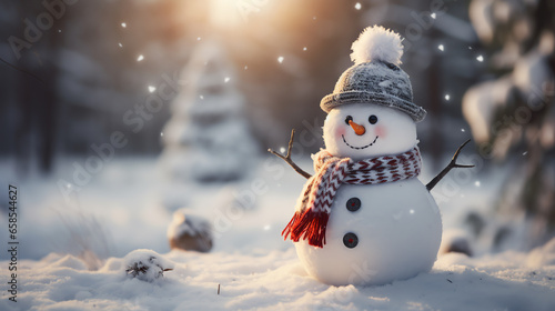 Cute snowman in a cap and scarf in winter snow scene background, celebration concept photo