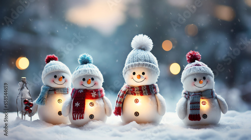 Group of cute snowmen in a cap and scarf in winter snow scene background, celebration concept photo