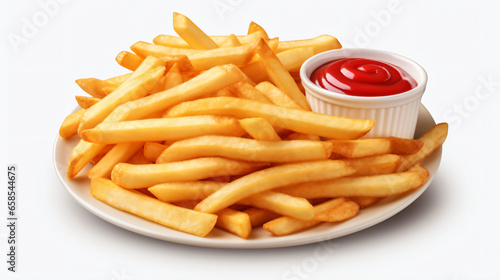 Delicious Plate of French fries and Ketchup Isolated on white background