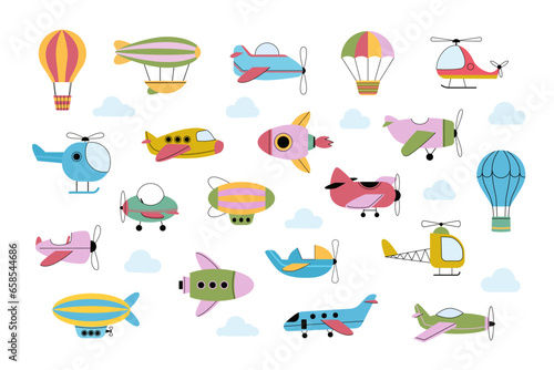 childish flying transport. kids adventure travel, minimalistic flat doodle airplanes airships. vector cartoon set.