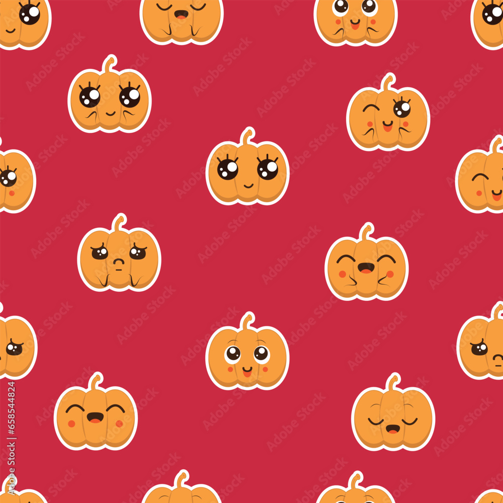 Seamless pattern of stickers with cartoon pumpkins in kawaii style for Halloween Seamless pattern of stickers with cartoon pumpkins in kawaii style for Halloween