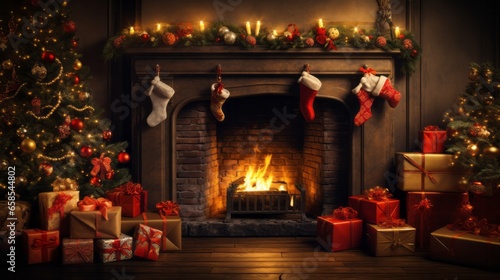 Foto A beautifully decorated Christmas tree with lots of presents under and around it a fireplace decorated with Christmas stockings and candles