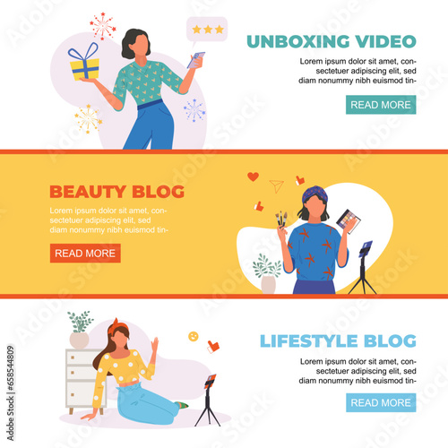 video blogger. media women person filming mobile content online, digital web blogging. vector horizontal banners.