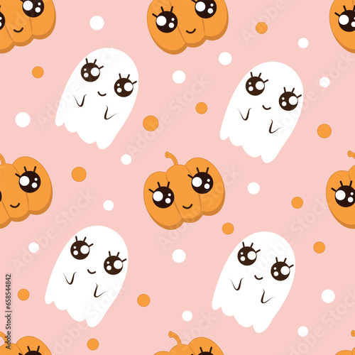 Seamless cartoon Halloween pattern with cute pumpkins and ghosts in kawaii style