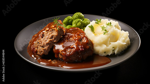 Delicious Plate of Meatloaf and Mashed Potatoes Isolated on white background