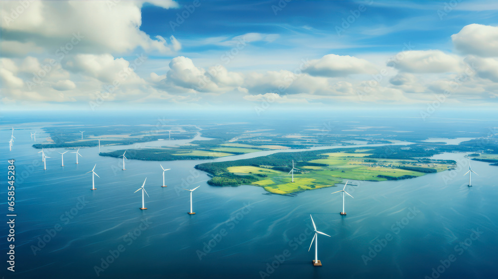 Aerial view of wind turbines in the sea. Concept of renewable energy.
