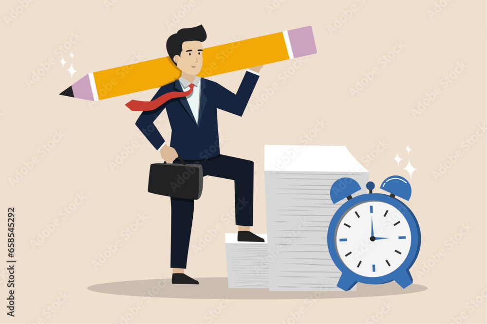 Work on time, successful completion of work, on time or work target concept, smart businessman completes work on time. Work on time, successful completion of work, on time or work target concept, smart businessman completes work on time.