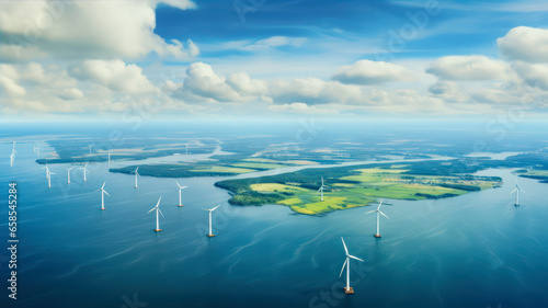 Aerial view of wind turbines in the sea. Concept of renewable energy. photo