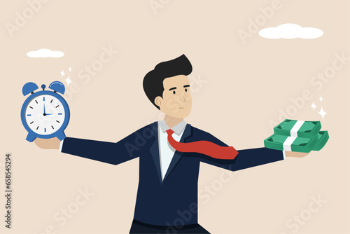 Time is money, precious time or not wasting precious seconds, work discipline concept, smart businessman holding money and balanced clock.