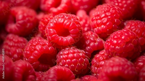 Full frame close-up of fresh ripe red healthy raspberries stacked on the counter. flavor concept.