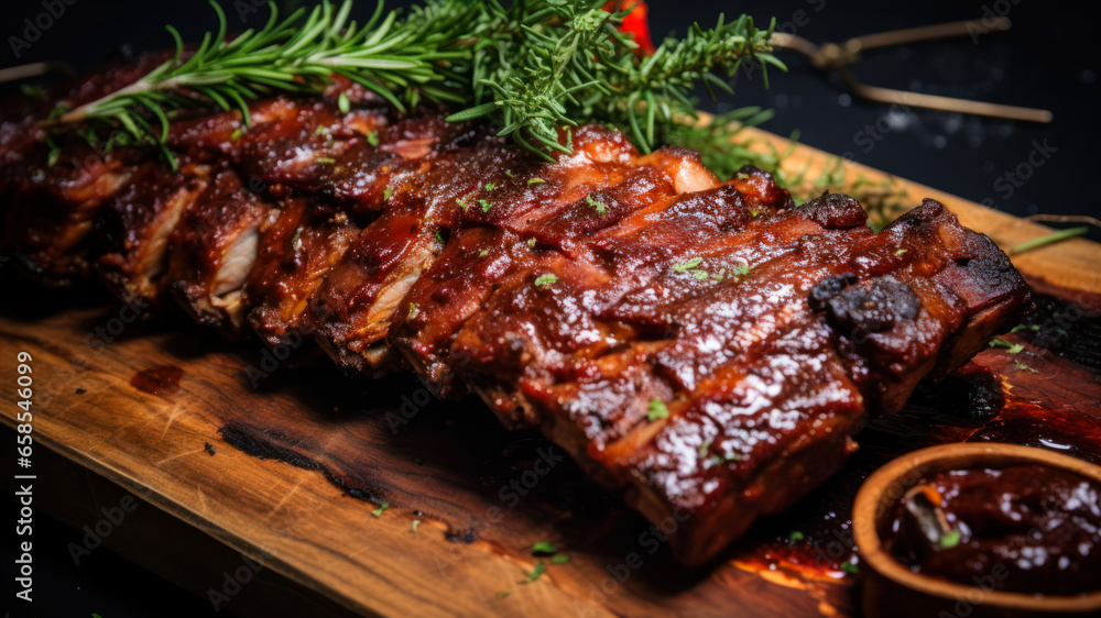 grilled pork ribs with rosemary on a wooden board on a dark background