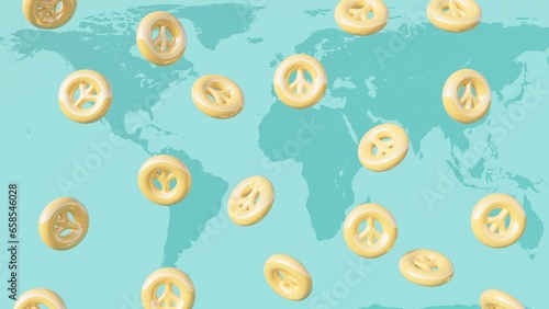 3d render, yellow pacific signs on a blue background with earth map on it,  international peace day