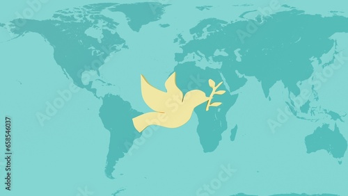 3d renderer, 3D, yellow dove of peace symbol signs on blue backgrund with earth map