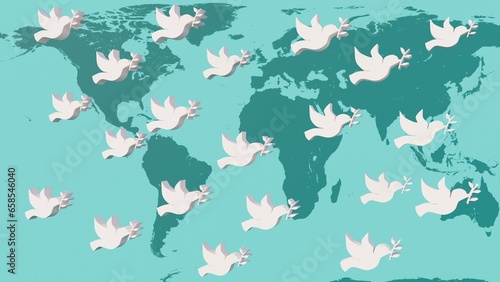 Dove of peace symbols on blue backgrund with earth map, 3d renderer, 3D