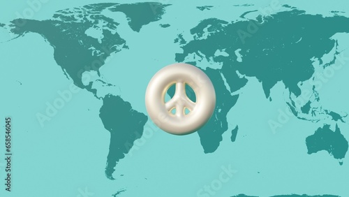 3d render, pearl white pacific symbol, peace sign on earth map background in blue color