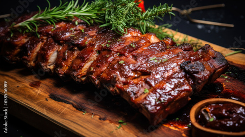 grilled pork ribs with rosemary on a wooden board on a dark background