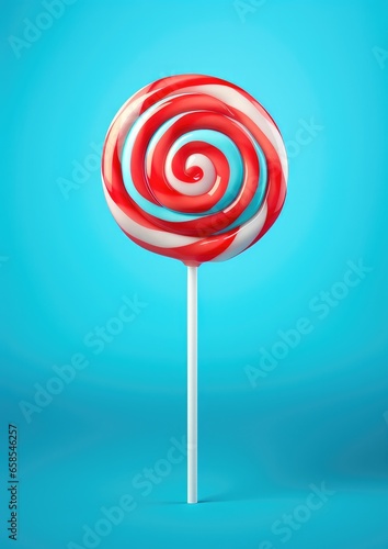 Sweet tasty colorful lollipop on a blue background. Generative AI.