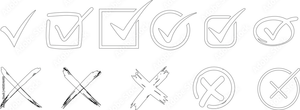 checkmark and cross icons, Hand drawn, vector illustration. Perfect for feedback, evaluation, and decision-making. High-quality, isolated on a white background