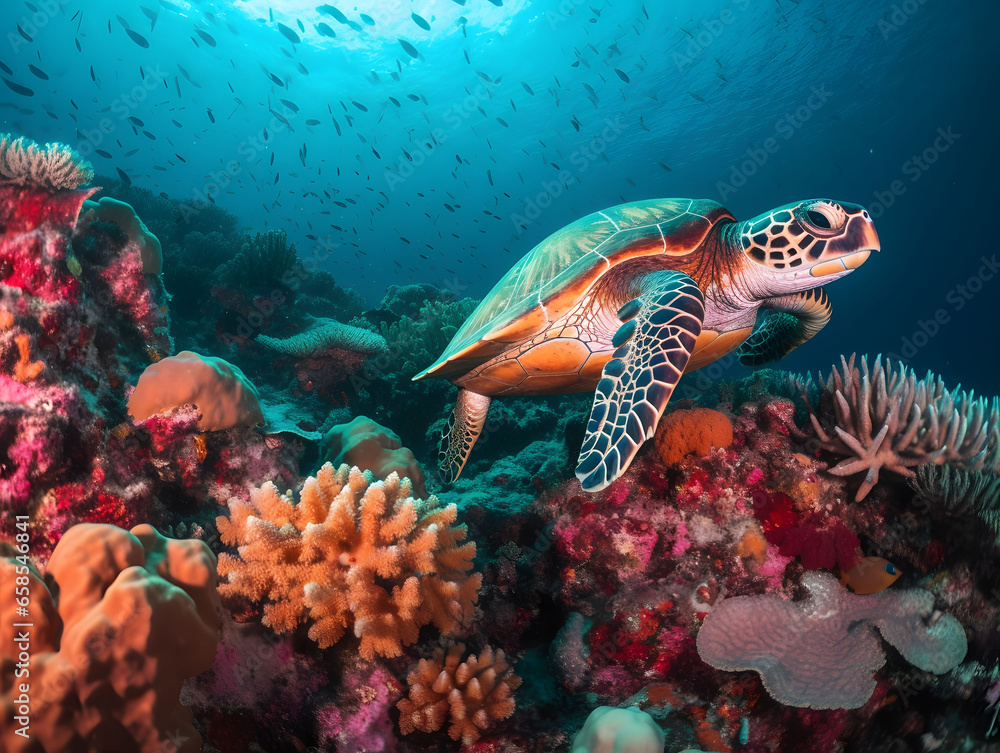 Obraz premium Colorful Sea Turtle Gliding Over Vibrant Coral Reef, AI Generated Image